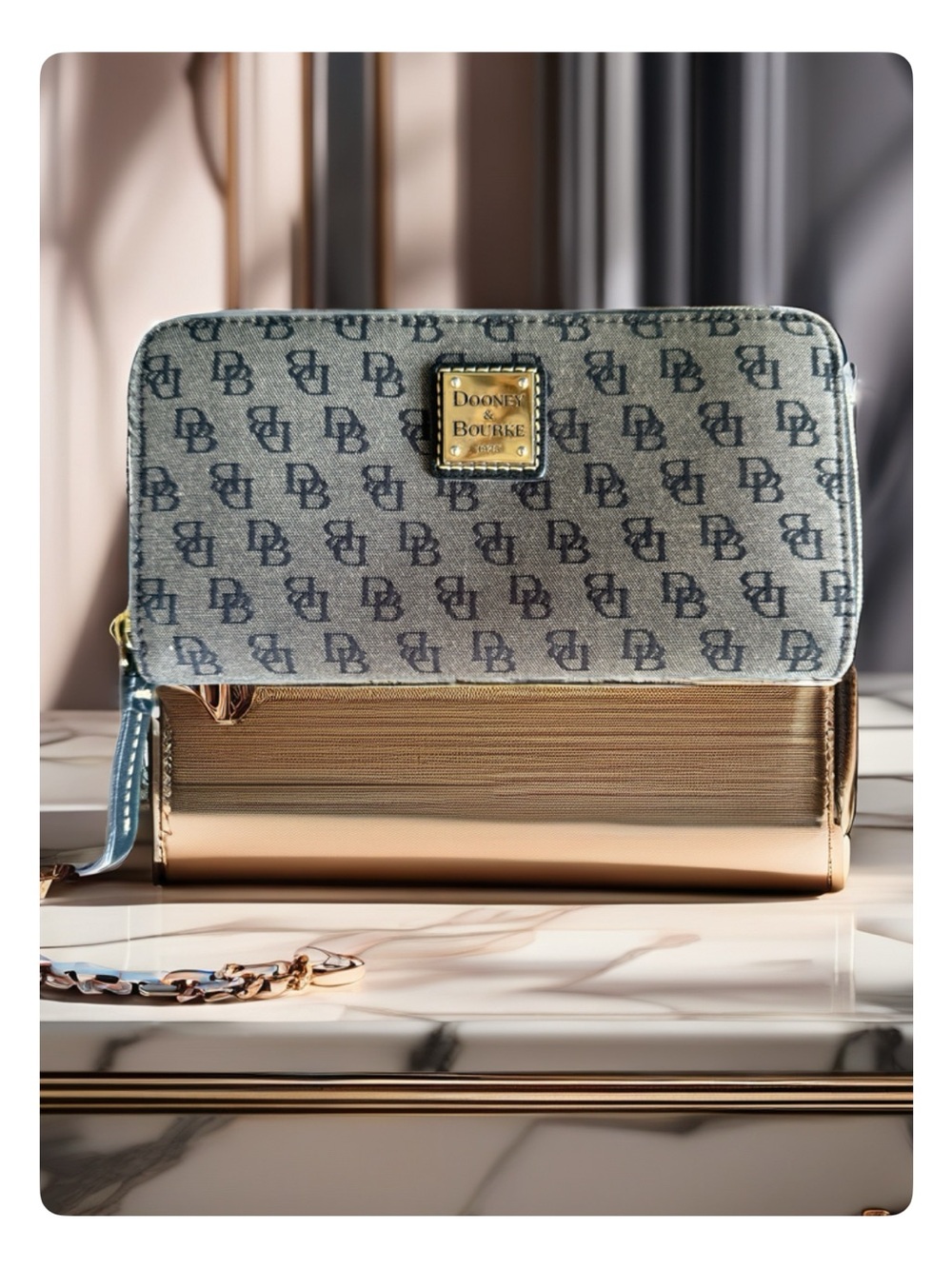 Dooney & Bourke Blue Monogram Convertible Wallet with Gold Accents